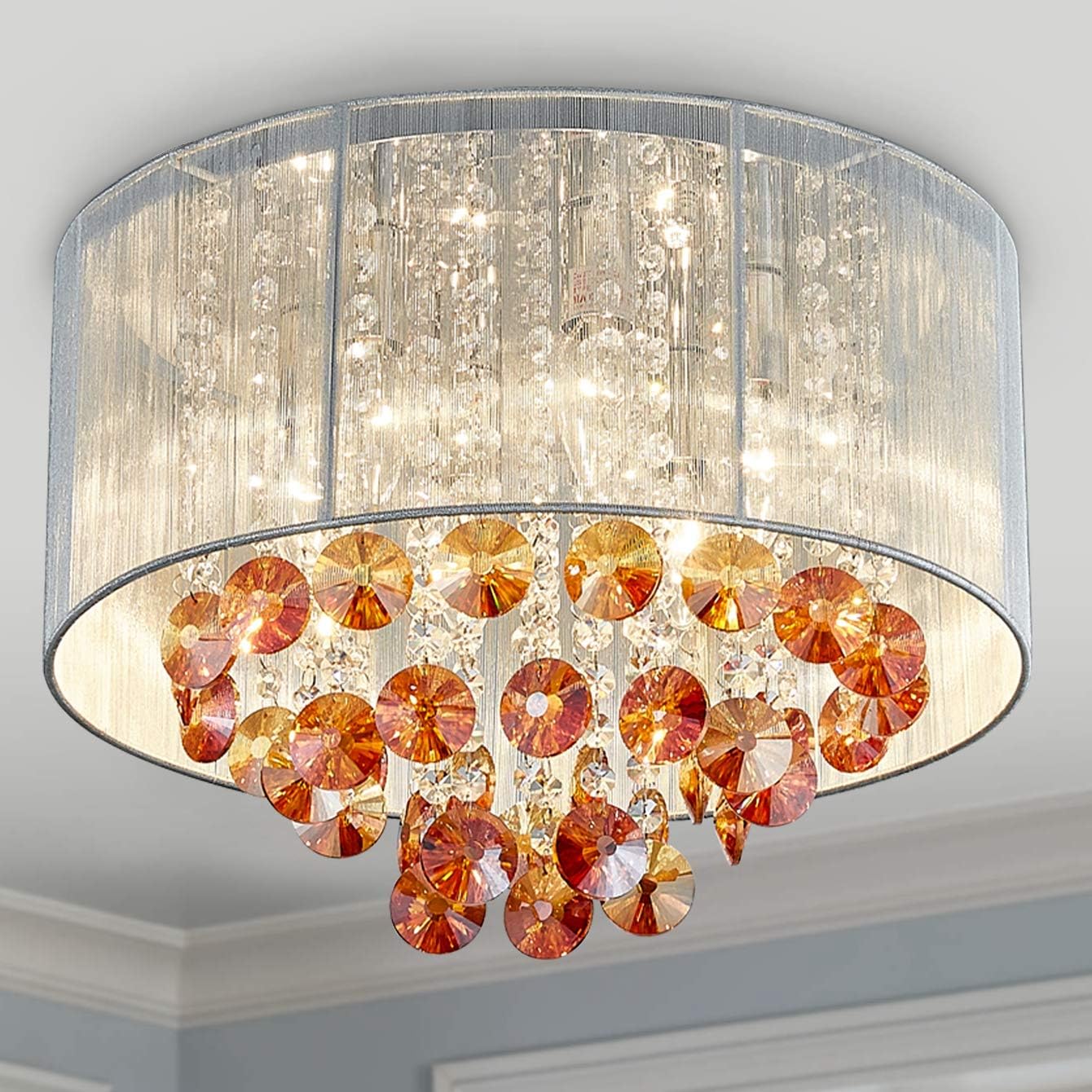 Bestier Modern Crystal Raindrop Drum Chandelier Lighting Flush Mount