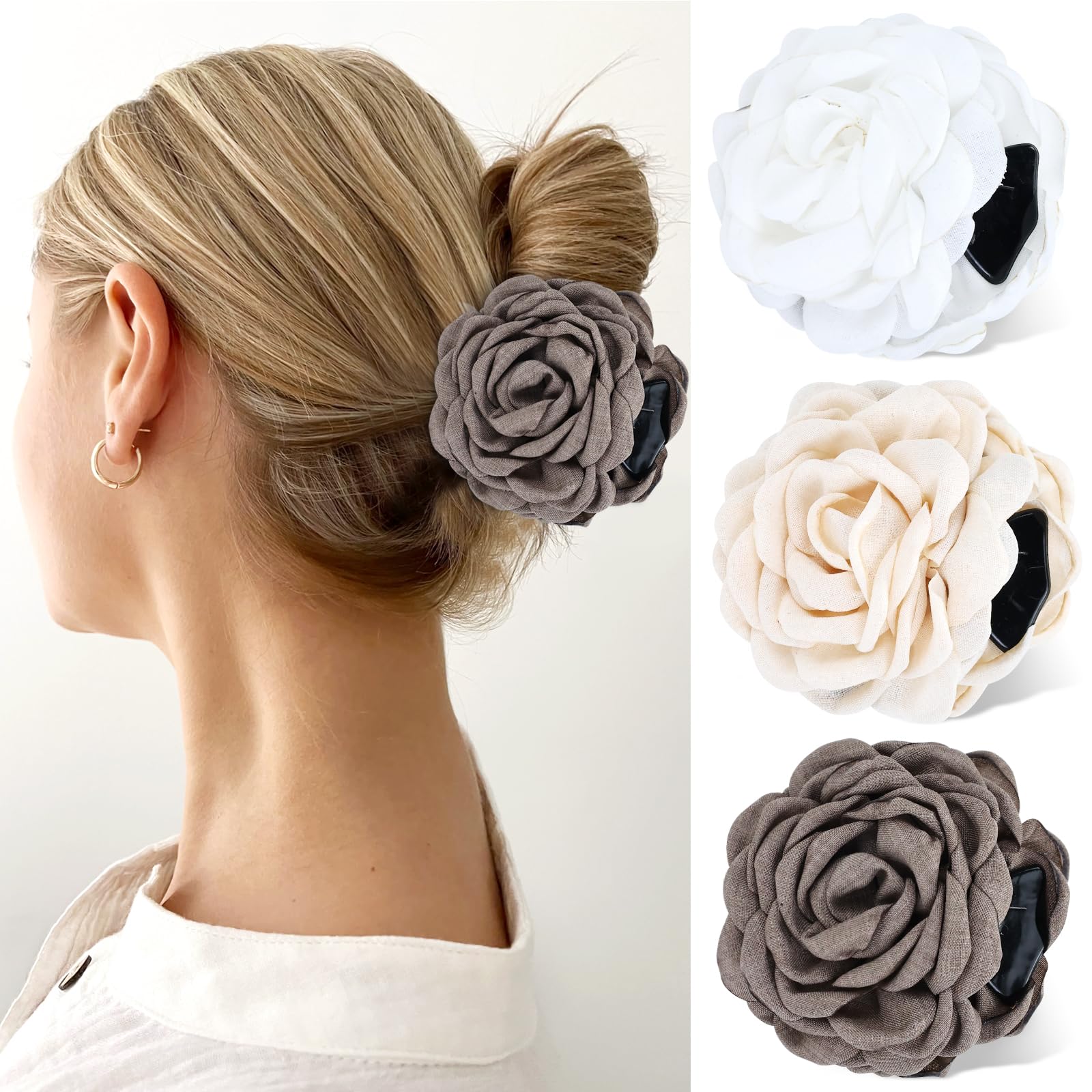 Cinaci 3 Pieces Vintage Rose Flower Hair Claws Clips with Strong Hold Floral Updo Hair Clips Barrettes Accessories for Women Girls