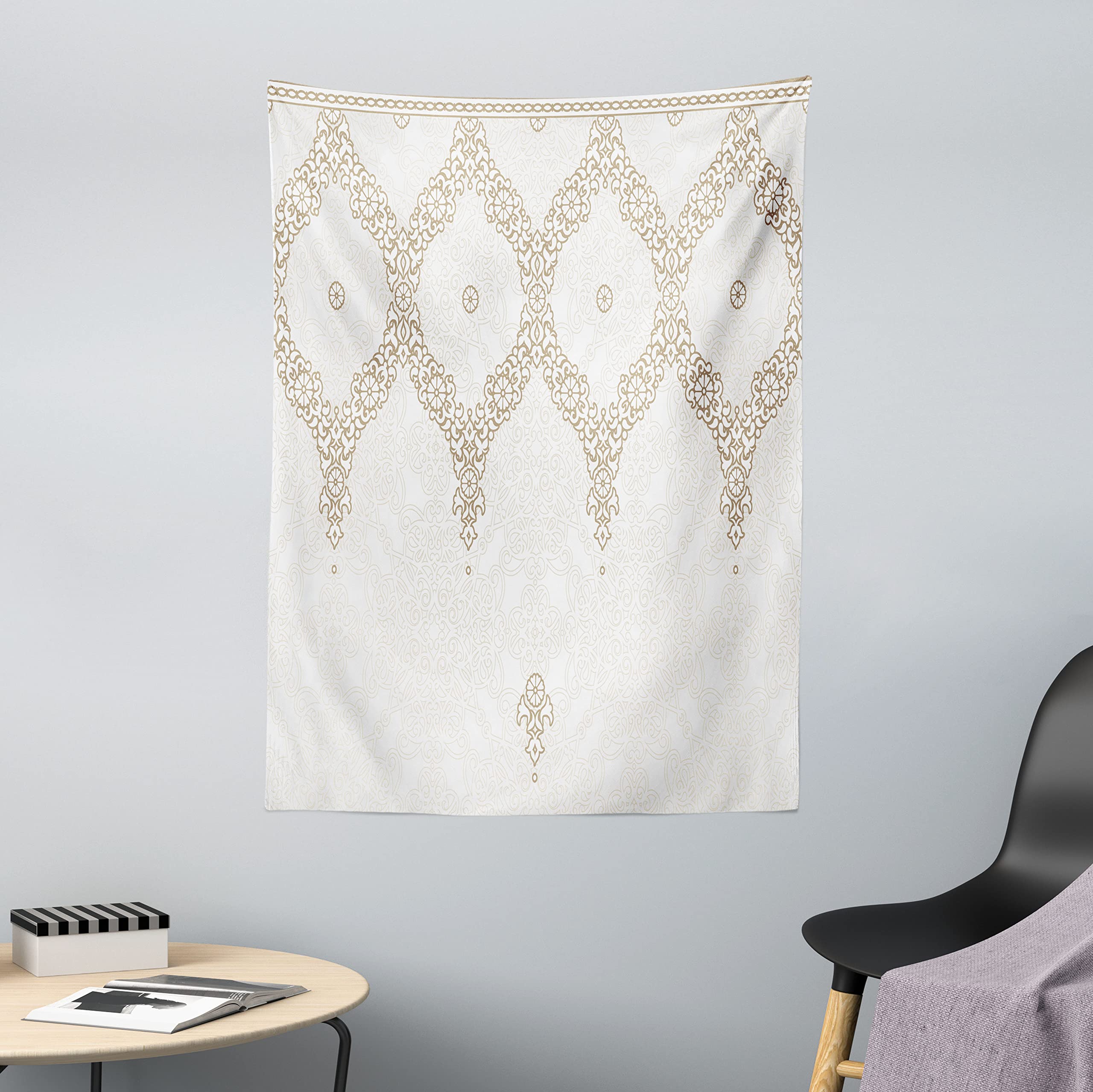 ABAKUHAUS Moroccan Tapestry, Ornate Background Traditional Soft Color Eastern Elements and Pattern, Fabric Wall Hanging Decor for Bedroom Living Room Dorm, 43 W X 58 L, Camel White