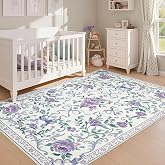 Joydeco 5x7 Cute Floral Light Purple Area Rug for Bedroom Girls Playroom | Boho Bow Flower Kawaii Low Pile Washable Indoor Non Slip Pet Child Baby Friendly Carpet for Living Room Nursery Kid Room Dorm