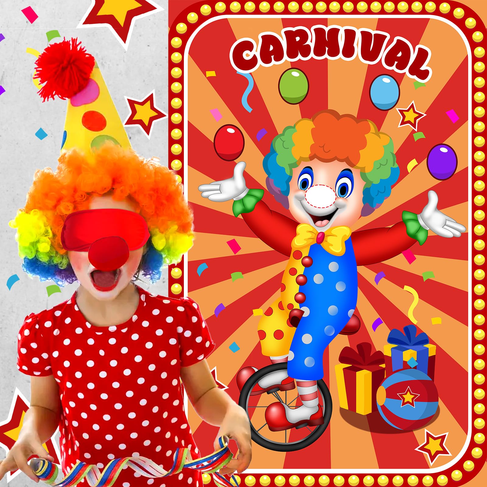 Hxezoc Circus Party Games, Pin The Noses on The Clown With 32 Pcs Nose Stickers, Large Carnival Clown Games Poster for Kids Birthday Party School Classroom Carnival Party Supplies