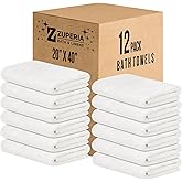 ZUPERIA White Bath Towels Bulk 12 Pack (20 x 40 Inches) - 100% Cotton Economy Light Weight Towels for Commercial Use - Quick Dry, Ultra-Soft, and Absorbent Bulk Towels