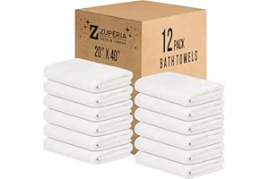 ZUPERIA White Bath Towels Bulk 12 Pack (20 x 40 Inches) - 100% Cotton Economy Light Weight Towels for Commercial Use - Quick Dry, Ultra-Soft, and Absorbent Bulk Towels