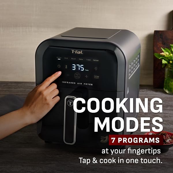 T-FAL INFRARED AIR FRYER, PREMIUM UNDERHEAT TECHNOLOGY, 5 LITER, NO PREHEAT, VISIBLE WINDOW, 7 COOKING PROGRAMS, EXTRA CRISP, FASTER, JUICIER, EY8158U0