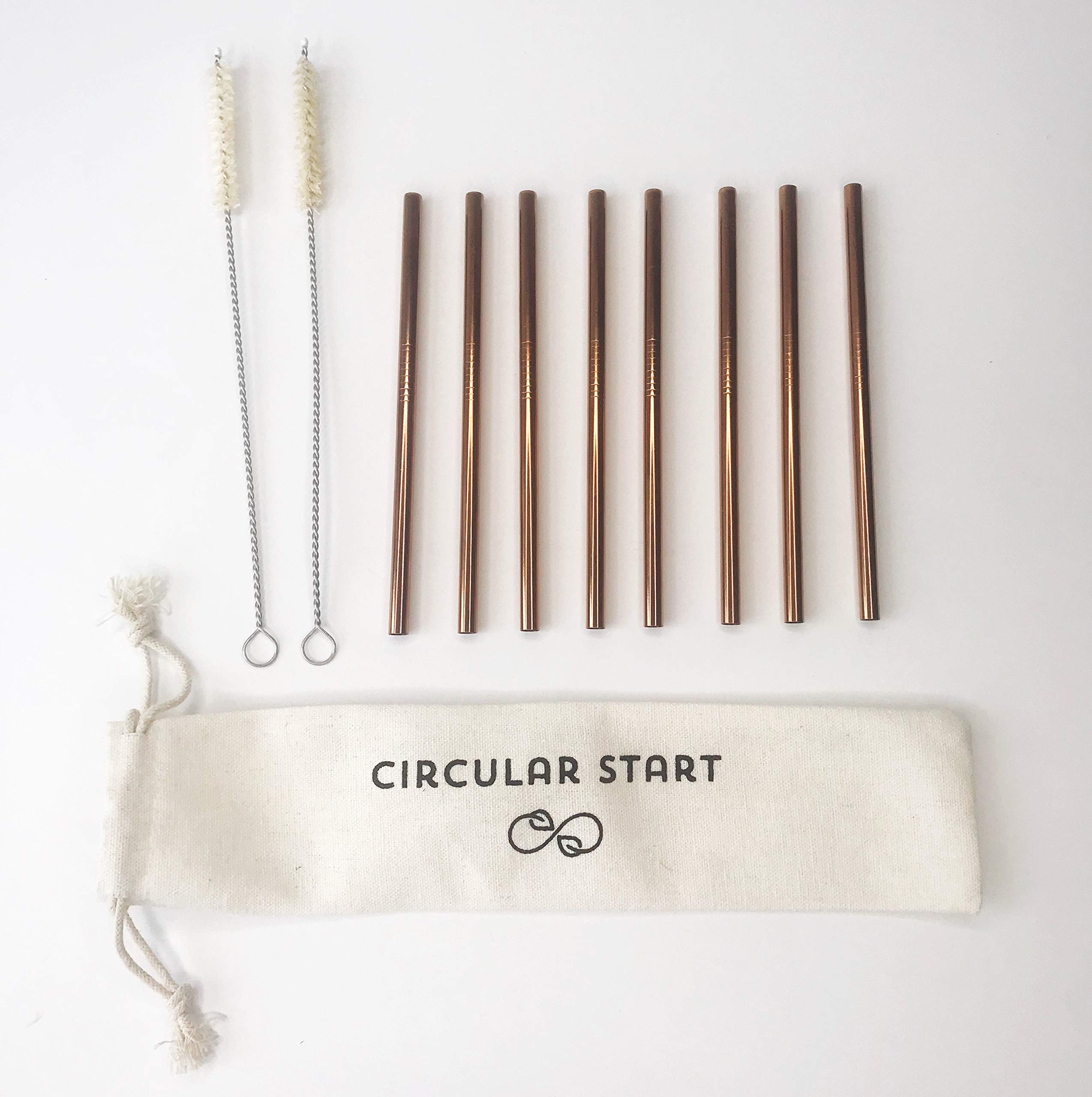 Reusable Stainless Steel Straws by Circular Start – Set of 8 Rose Gold Straight Short Cocktail Drinking Straws with 2 Cleaners – Eco Friendly, Plastic Free, BPA Free