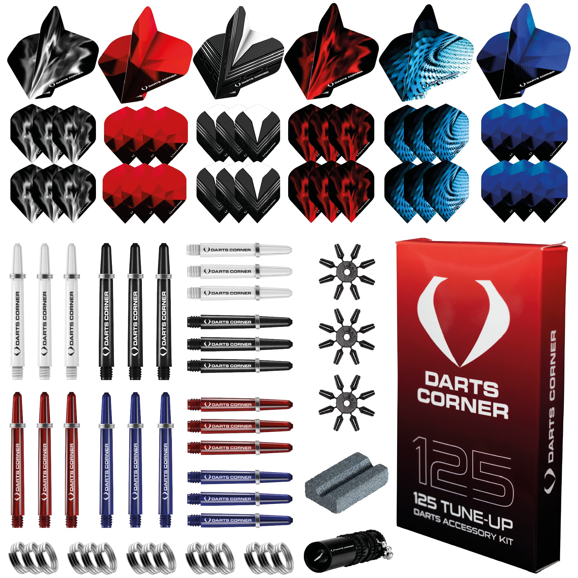Darts Corner BX228 Tune Up Kit | 125pc Accessory Pack Including 24 Shafts, 36 Flights, Point Protectors, Shaft Springs, Broken Shaft Remover and a Steel Tip Sharpening Tool