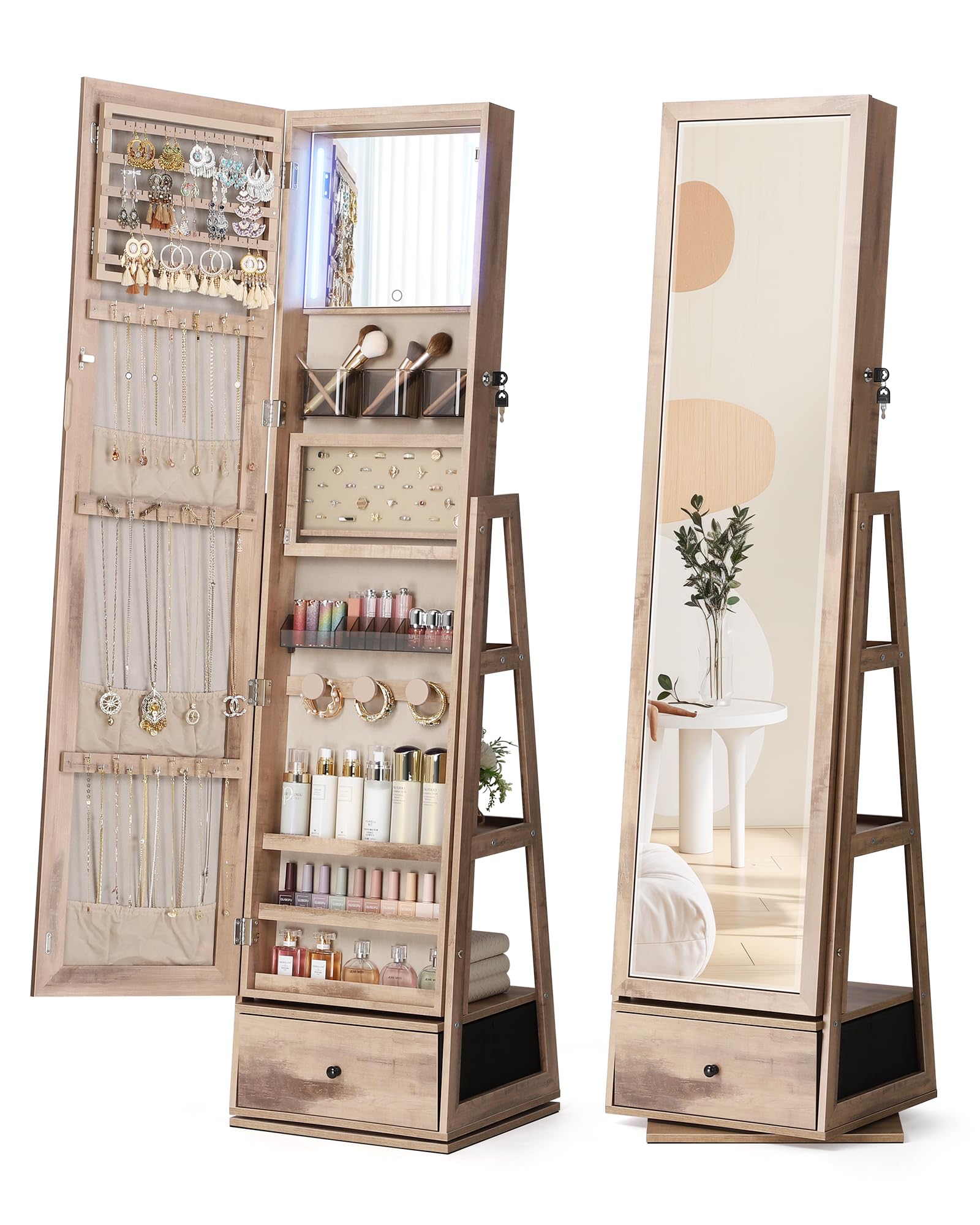 Nicetree 360° Swivel Jewelry Cabinet with Lights, Touch Screen Vanity Mirror, Rotatable Full Length Mirror with Jewelry Storage, Standing Jewelry Armoire Organizer, Foldable Makeup Shelf, Toasted Oak Image