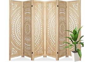 ECOMEX 6 Panel Wood Room Dividers Fully Assembled 5.6Ft Carved Room Dividers and Folding Screens Room Divider Screen Wood Freestanding Partition for Home Bedroom Office Restaurant, Natural Wood