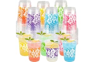 peony man 60 PCS Hawaii Luau Plastic Cups 16oz Tropical Hibiscus Flowers Disposable Cup Hawaiian Clear Beverage Drinking Cups