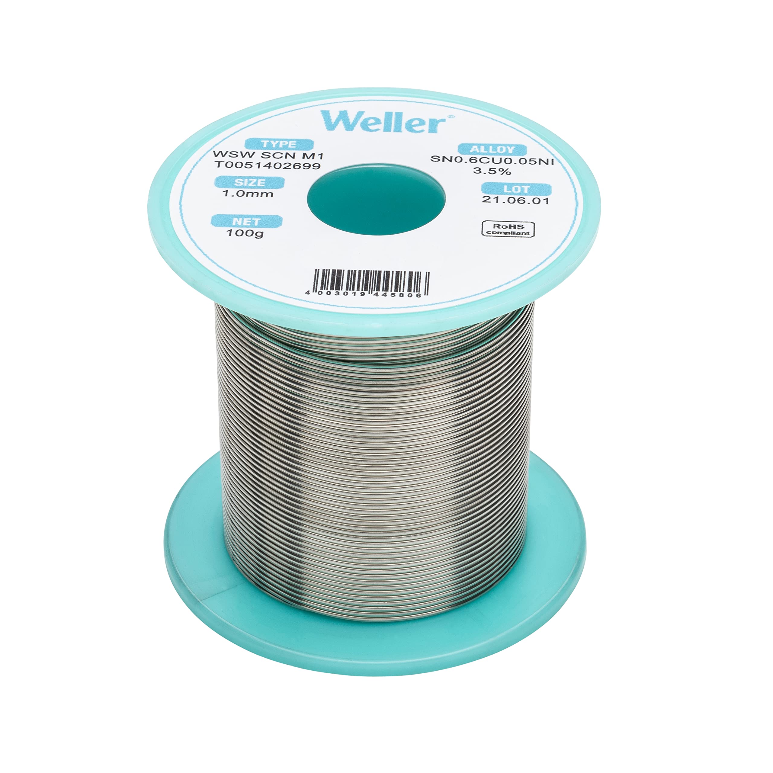 Weller WSW SCN M1 (T0051402699) Lead Free Solder Wire, Ø 1.0mm, Alloy Sn99.3Cu0.6Ni0.05, Flux Content 3.5%, 100g, Silver