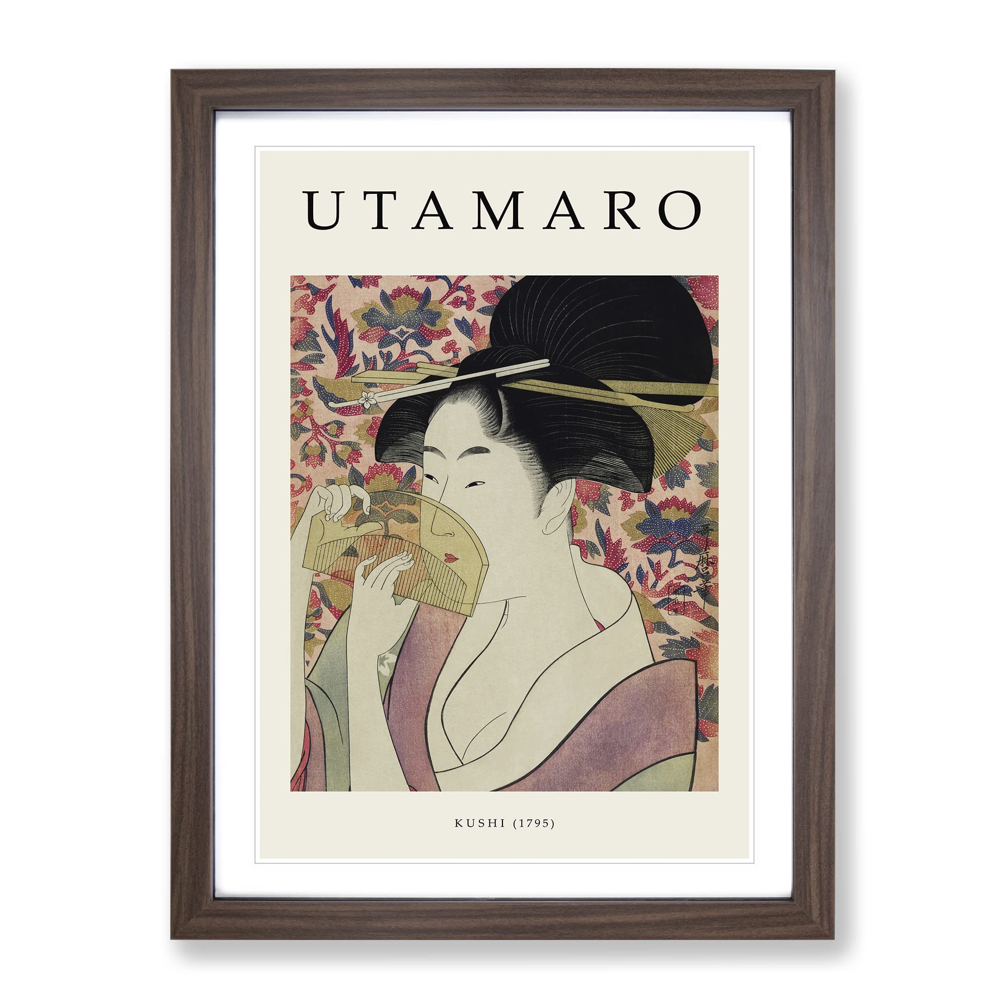 Kushi By Kitagawa Utamaro Exhibition Museum Asian Japanese Framed Wall Art Print, Ready to Hang Picture for Living Room Bedroom Home Office Décor, Walnut A3 (34 x 46 cm)