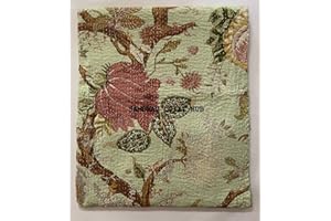 Sambhav Quilt Hub Hand Block Floral Print Handmade Cotton Block Kantha Quilting Boho Bedding Throw Blanket Hippie Queen/King Size Bohemian Floral Kantha Quilt (Green, 90X108 inch)