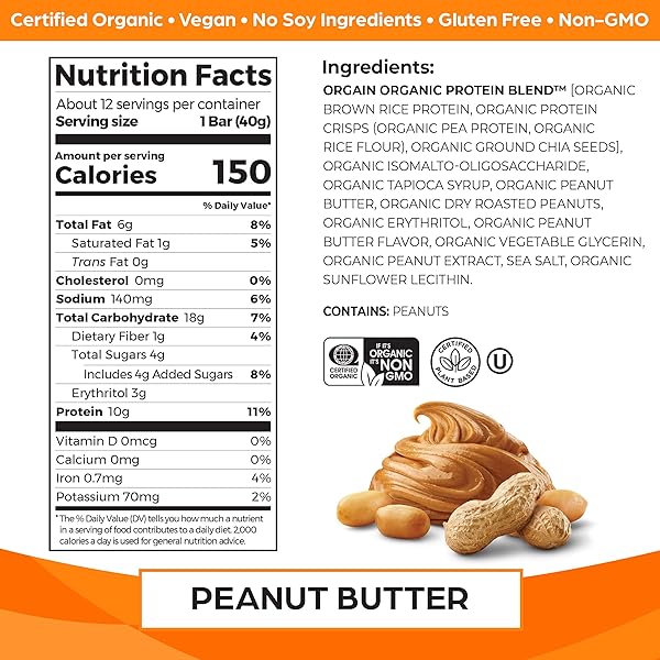ORGAIN ORGANIC VEGAN PROTEIN BARS, PEANUT BUTTER – 10G PLANT BASED PROTEIN, LOW CALORIE HEALTHY SNACKS, NO LACTOSE OR SOY INGREDIENTS, GLUTEN FREE, NON-GMO – 1.41 OZ (PACK OF 12)