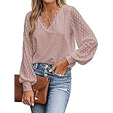 CUPSHE Long Sleeve Tops for Women Eyelet Scalloped Lace V Neck Blouse Casual Loose Fashion Shirts