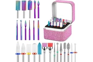 Cellentool 25Pcs Nail Drill Bits Set with Storage Box, 3/32 Inch Tungsten Ceramic Diamond Carbide Nail Drill Bits for Acrylic Gel Polish, Cuticle Efile Remover for Manicure Pedicure