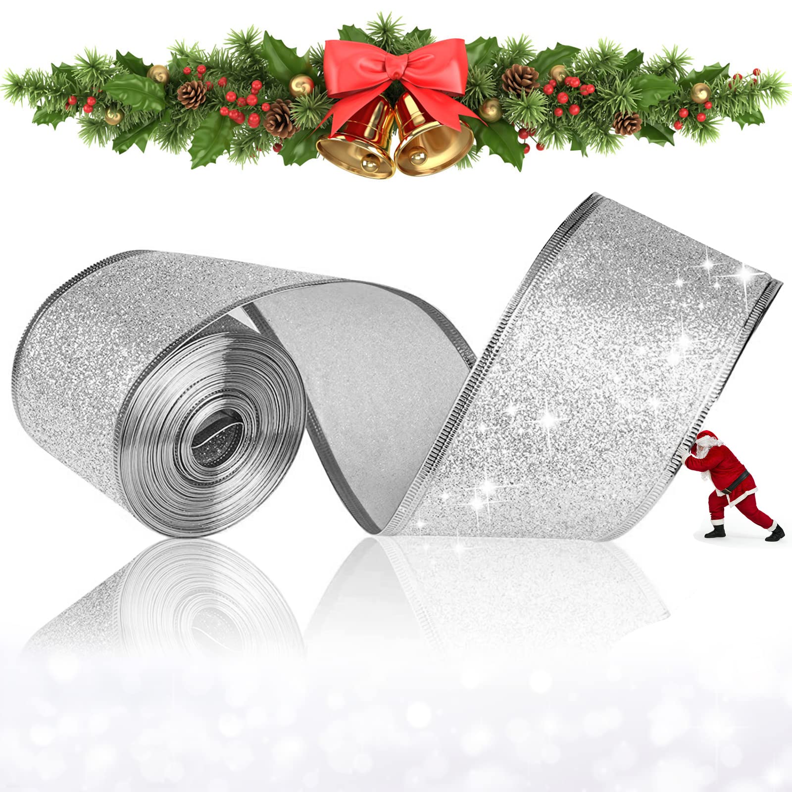 ZZLBZN Christmas Tree Ribbon Decorations,Silver Ribbon Wire Edge Glitter Ribbon for Gift Wrapping, Christmas Tree Decorations Christmas Crafts 10M