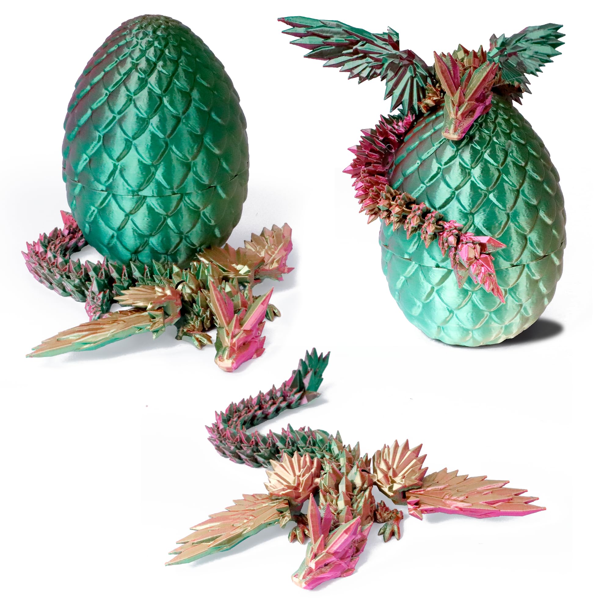 Photo 1 of Flavery 3D Printed Flying Dragon in Egg - Dino Egg with 9" Winged Dragon Inside, Colorful Fidget Toy, Birthday Gift, Flexible Desk Pet Figure, Mystery Dinosaur Eggs (Green Fuchsia Gold)
