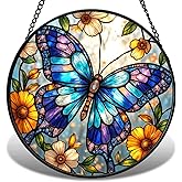 JAWNLITY Butterfly Stained Glass Sun Catcher for Window Hanging, Blue Butterfly Suncatcher with Flowers for Indoor Window Decoration, Glass Home Decor for Women, Mom (Blue, 6.3'')