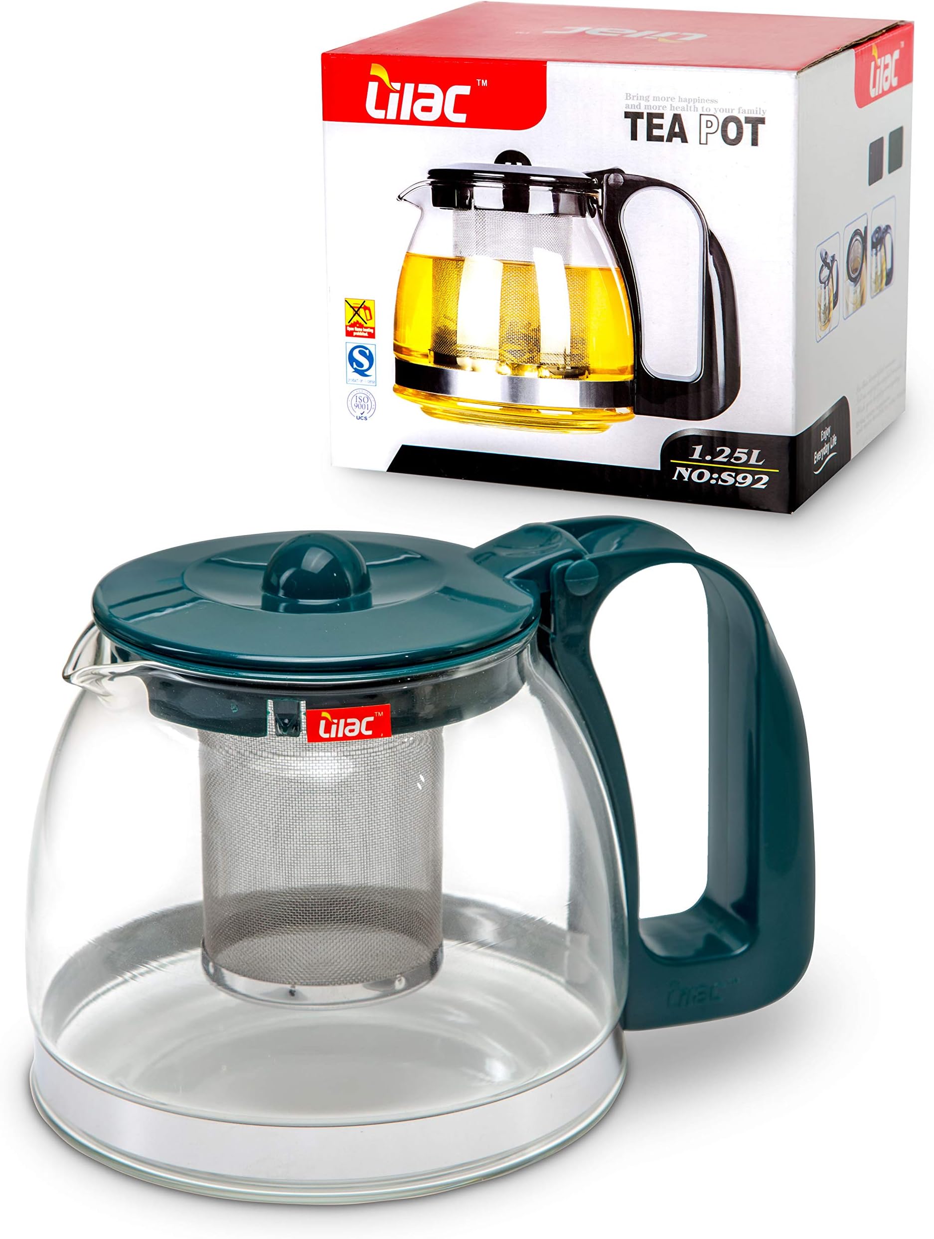 Lilac Teapot and Coffee Maker Green Heat Resistant Glass Kettle Eco Freindly with Stainless Steel Filter 1.25 L / 1250 ml