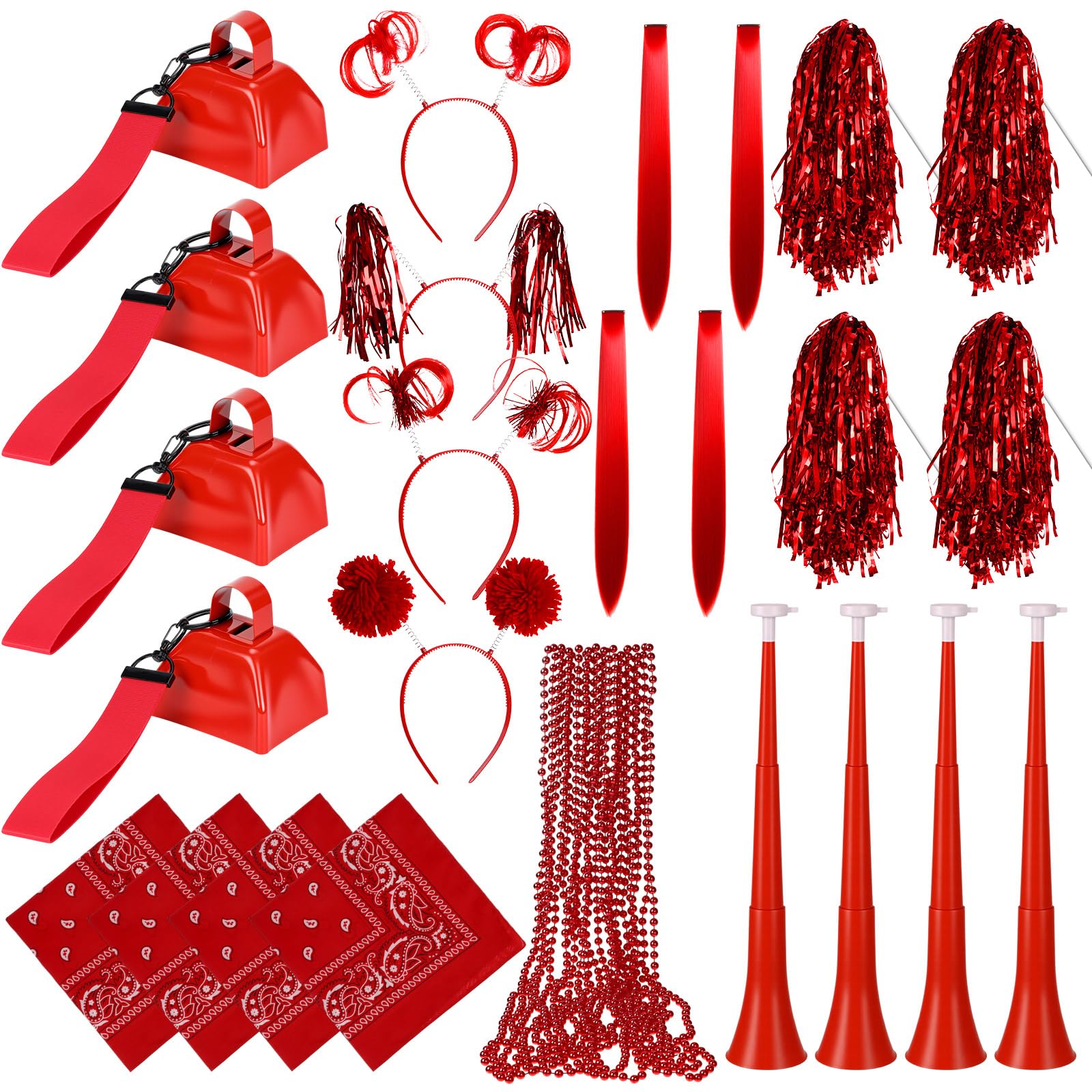 Photo 1 of Maysing 48 Pcs Team Spirit Accessories School Spirit Items Bulk Include Collapsable Stadium Horns Pom Poms Cow Bells with Wrist Strap Headbands Bandanas Hair Extensions Beaded Necklaces(Red)