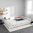 i-POOK Full Size Floor Bed for Children, Solid Wood Montessori Bed Frame with Fence & Door Montessori Floor Bed with Safety Guardrails for Girls and Boys, White (with Bed Slats)