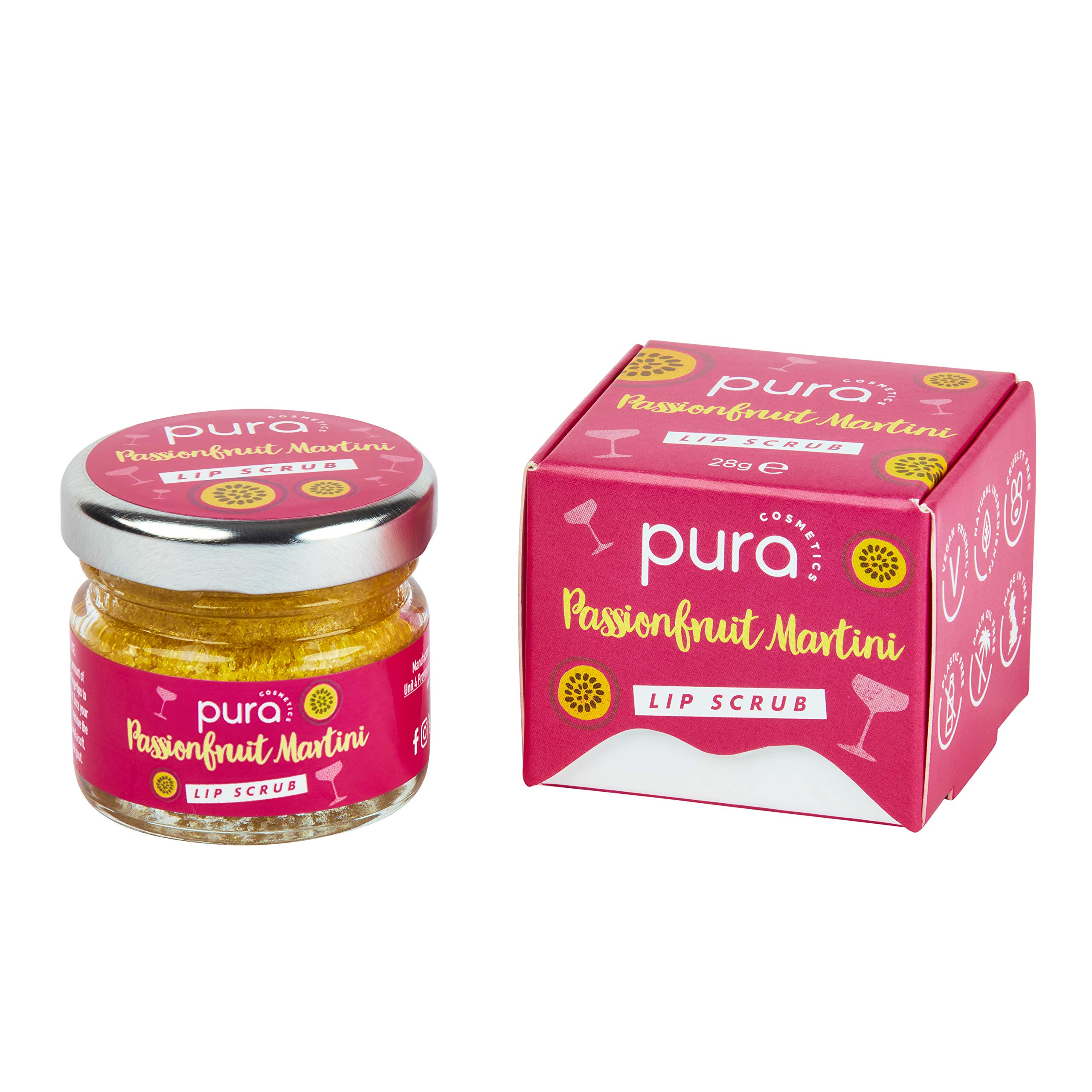 Pura Cosmetics Vegan Lip Scrub in Passionfruit Martini (28g) - Natural Ingredients, Cruelty-Free, Plastic-Free Packaging & Made in the UK