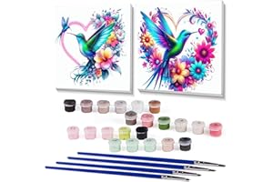 MIRCVSH 2 Pack Paint by Numbers for Adults with Frame,Colorful Hummingbird Paint by Number Kits Framed,DIY Easy Paint by Numbers Kits on Canvas for Home Wall Decor 8X8Inch（Hummingbird-Wooden Framed）