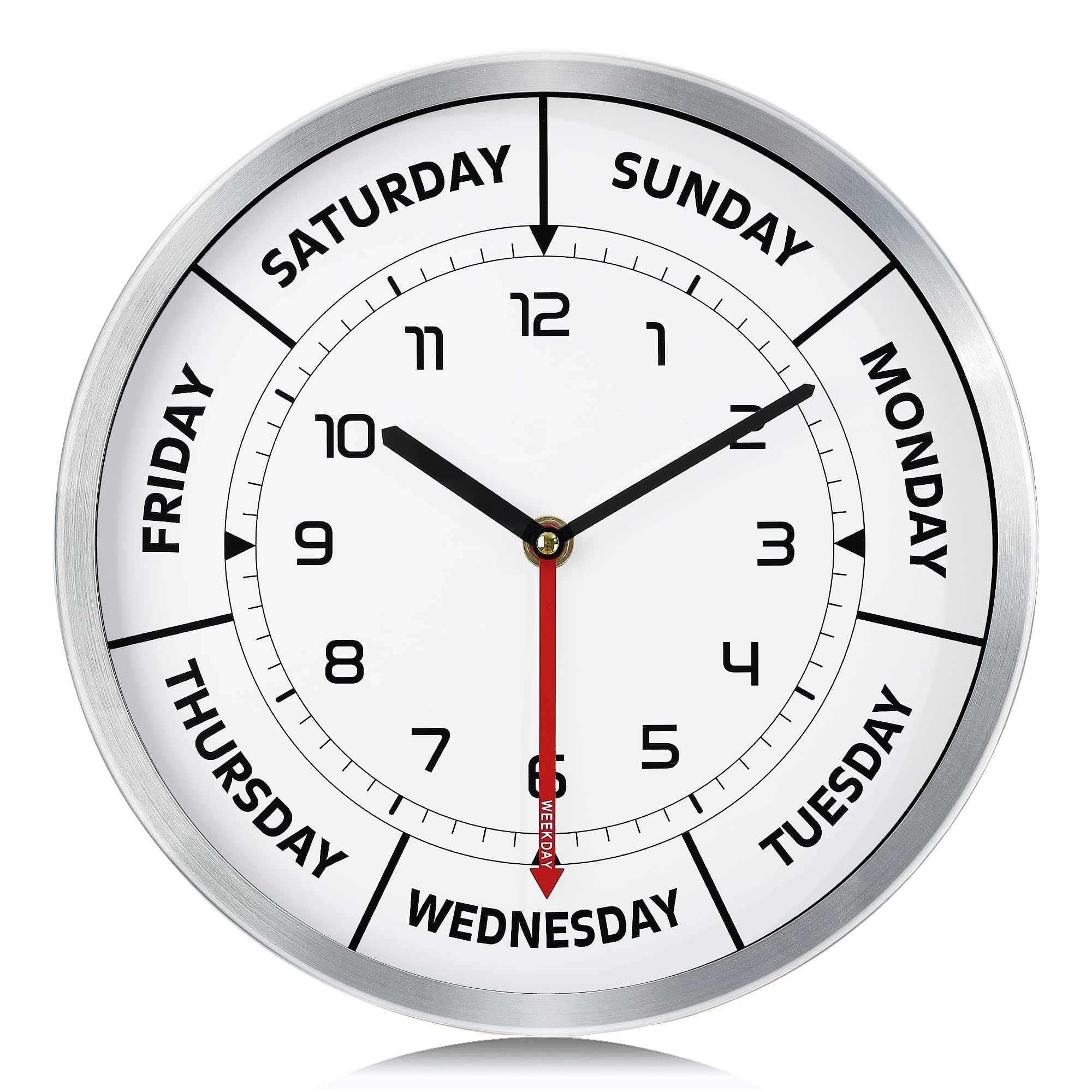 Lafocuse Day of the Week Wall Clock Silent Non Ticking, 12 Inch Retirement Clock with Silver Metal Frame for Seniors Living Room Bedroom Home Decor