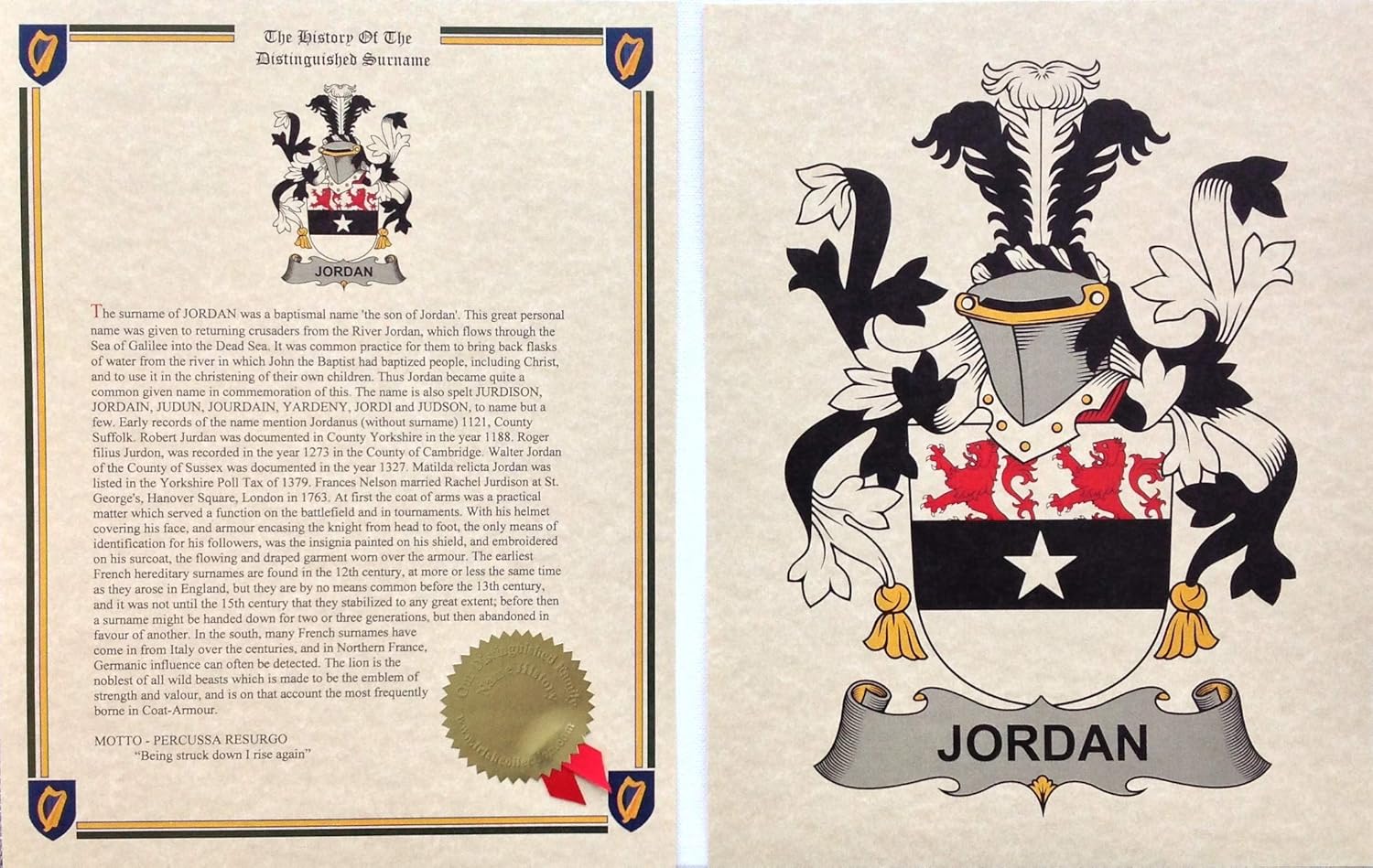 Jordan Coat of Arms and Last Name History 8.5x11 Print