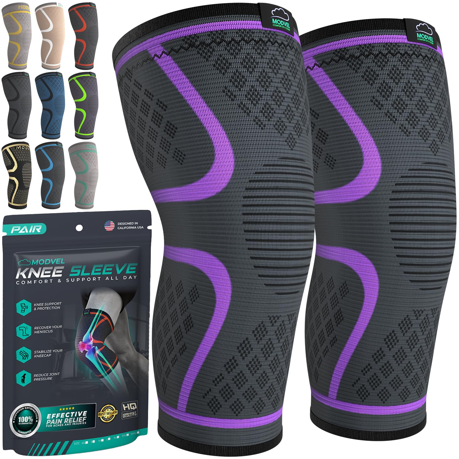 Photo 1 of Modvel Compression Knee Brace for Women & Men - 2 Pack Knee Brace for Women Running Knee Pain, Knee Support Compression Sleeve, Workout Sports Knee Braces for Meniscus Tear ACL & Arthritis Pain Relief