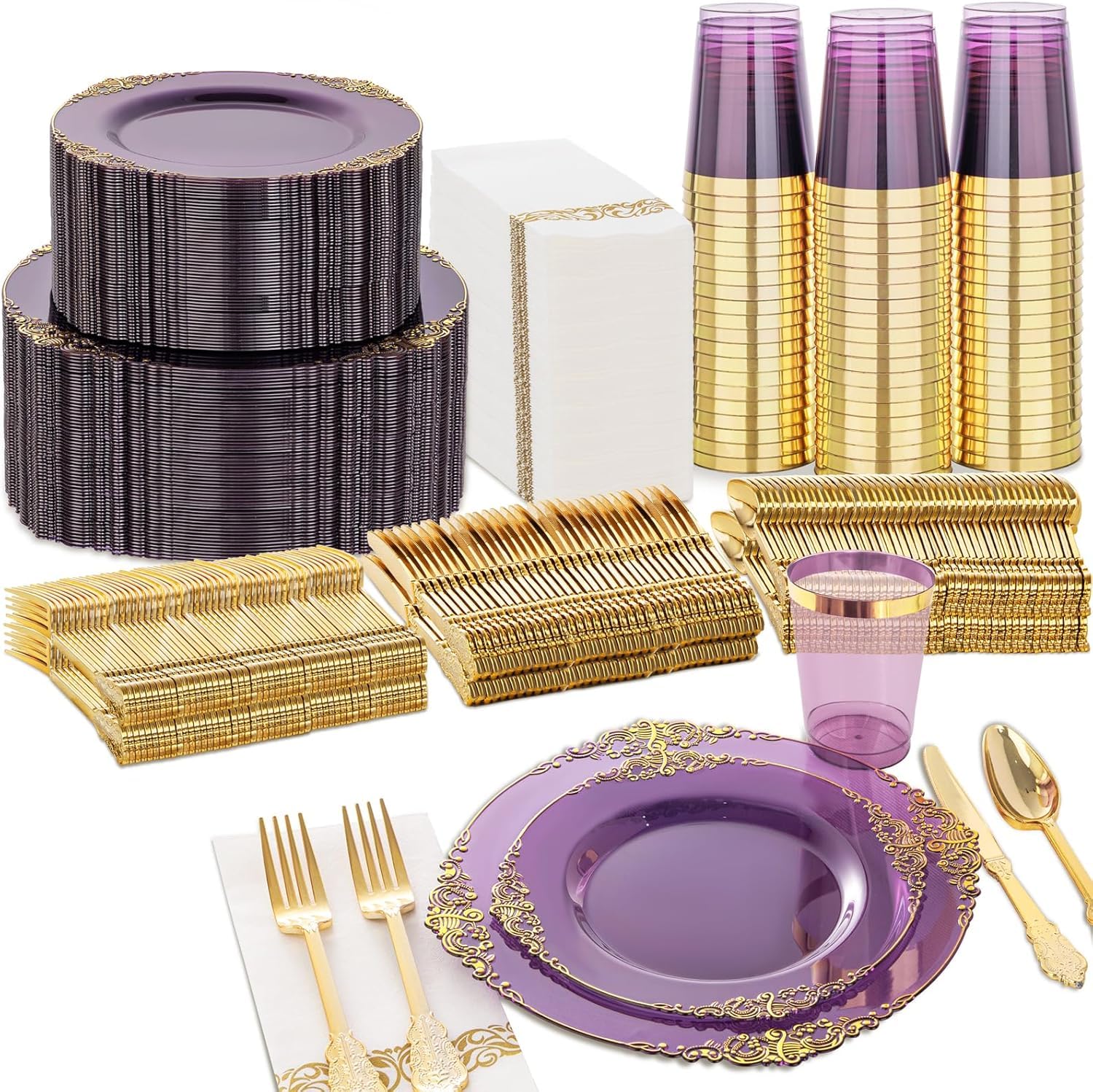 Photo 1 of *********READ CLERK NOTES**********
Nervure 350PCS Purple Plastic Plates - Purple Plastic Dinnerware Sets for 50 Guests - 100 Disposable Plates, 150 Gold Silverware, 50 Cups, 50 Napkins for Wedding & Party*********READ CLERK NOTES**********