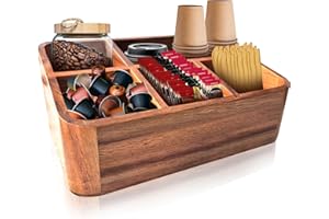 Dstuff Acacia Wood Coffee Station Organizer for Countertop, Tea Organizer and Holder, Coffee Bar Caddy with Multiple Compartments for Home and Office Decor