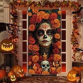 Day of The Dead Door Cover Dia De Los Muertos Backdrop Sugar Skull Marigold Design Mexican Fiesta Party Decoration