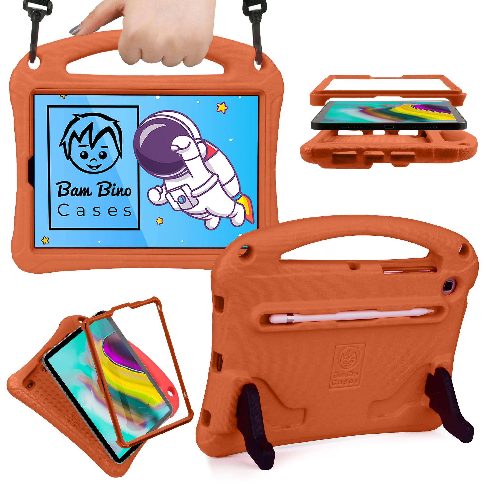 Bam Bino Space Suit [Rugged Kids Case] for Samsung Galaxy Tab S5e 10.5 | Designed in Australia, for Children | Stylus Holder, Screen Guard, Strap (Solar Tangerine)