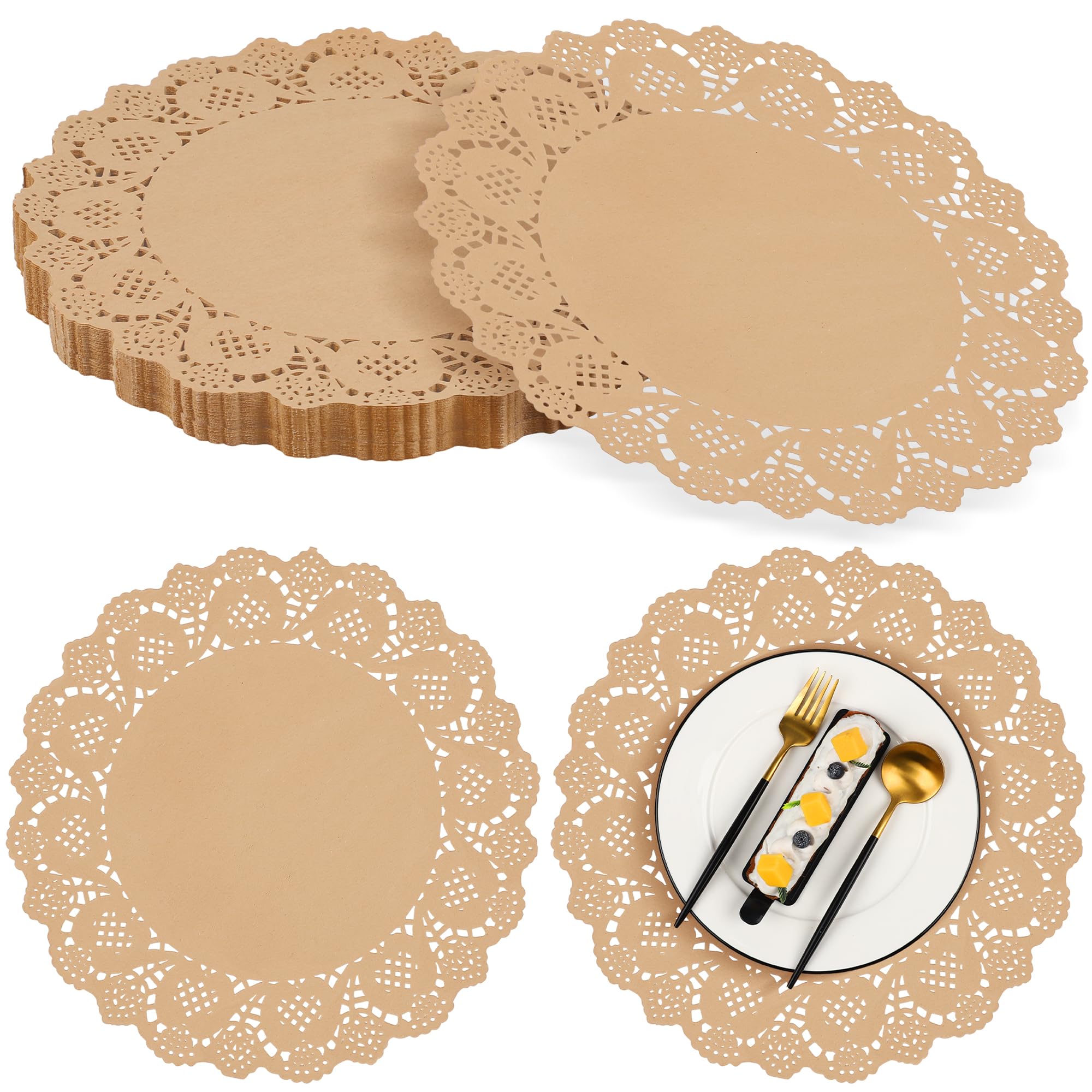 Photo 1 of MCEAST 100 Pack Round Brown Kraft Paper Doilies 13.5 Inches Lace Paper Place Mats Rustic Scallop Doily Disposable Table Pads for Food Cakes Crafts Party Weddings Tableware Decor