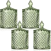 Aoriher 4 Pcs Crystal Glass Candy Jar Set with Lids Home Decorative Storage Jars for Apothecary, Bathroom, Kitchen, and Pantry, Ideal for Cotton Swabs and Jewelry (Medium,Green)