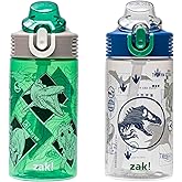 Zak Designs Jurassic World Dominion Movie Sage Kids Water Bottle For School or Travel, 16oz Durable Plastic Water Bottle With Straw, Handle, and Leak-Proof, Pop-Up Spout Cover, 2-Pack Set