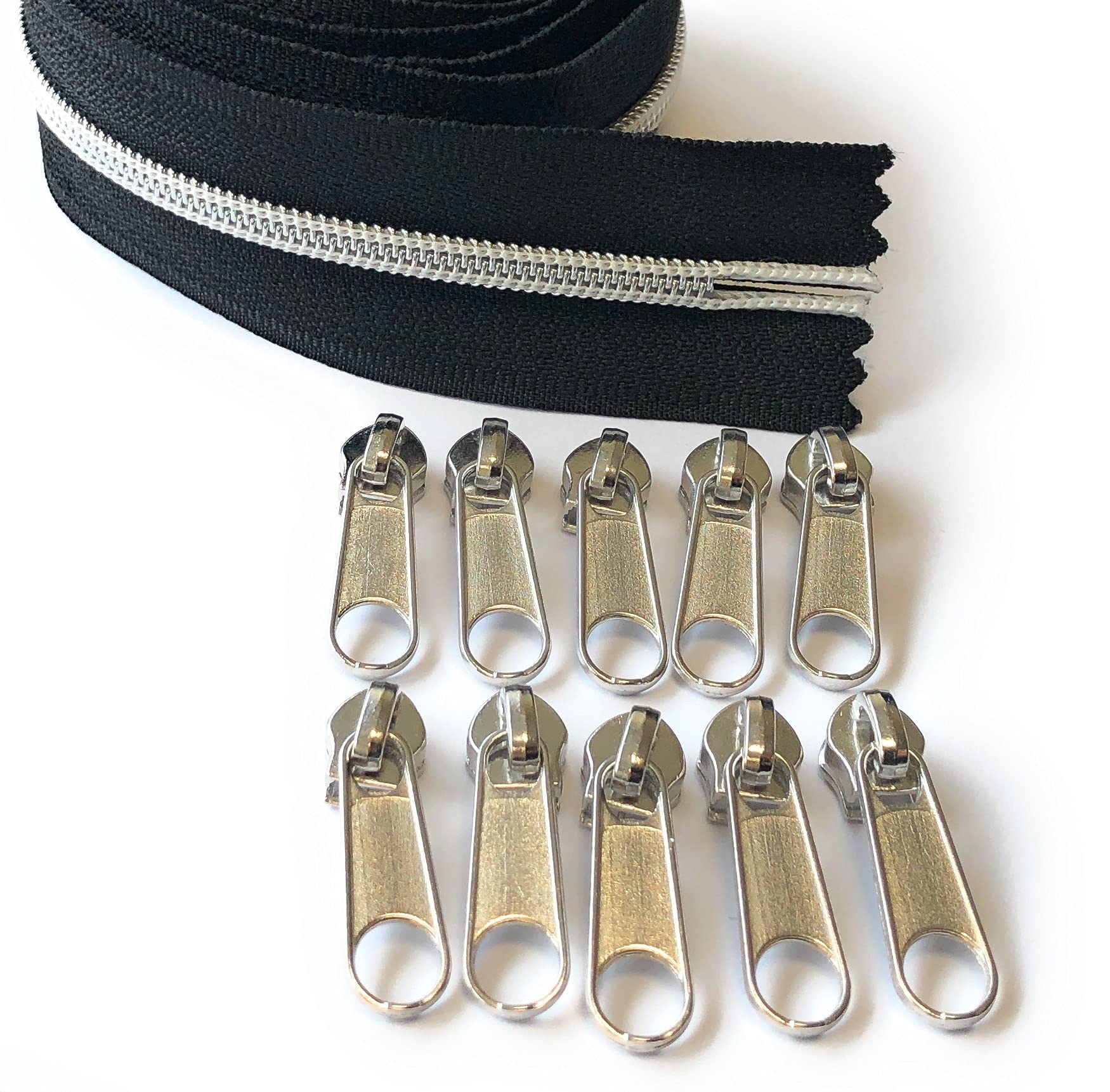 ADS Zipper Continuous Nylon No.5 Zip with Sliders #5 Chain Zipper on Roll with 10 Pullers (Black (Silver - 322 S), 196.8" - 5 metre)