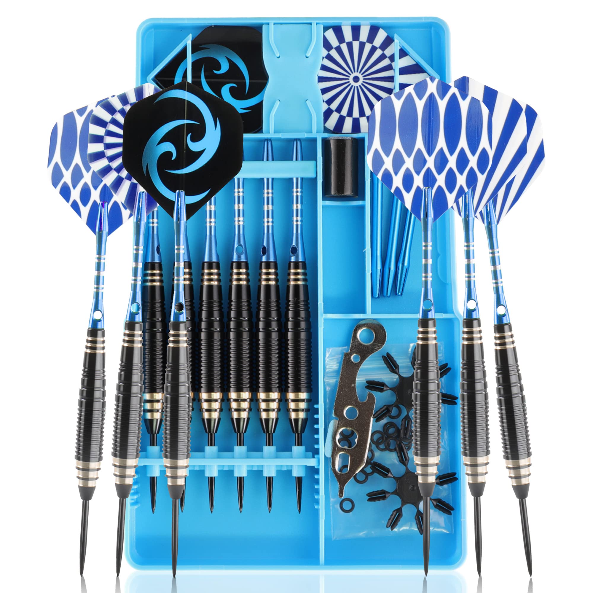 CareGames 6 Pack Steel Tip Darts, Professional 24g Metal Dart Set with 12 Dart Flights,9 Aluminum shafts,20 Rubber O-Rings,2 Protectors,Sharpener,Tools and Darts case,Beginner or Professional Darts