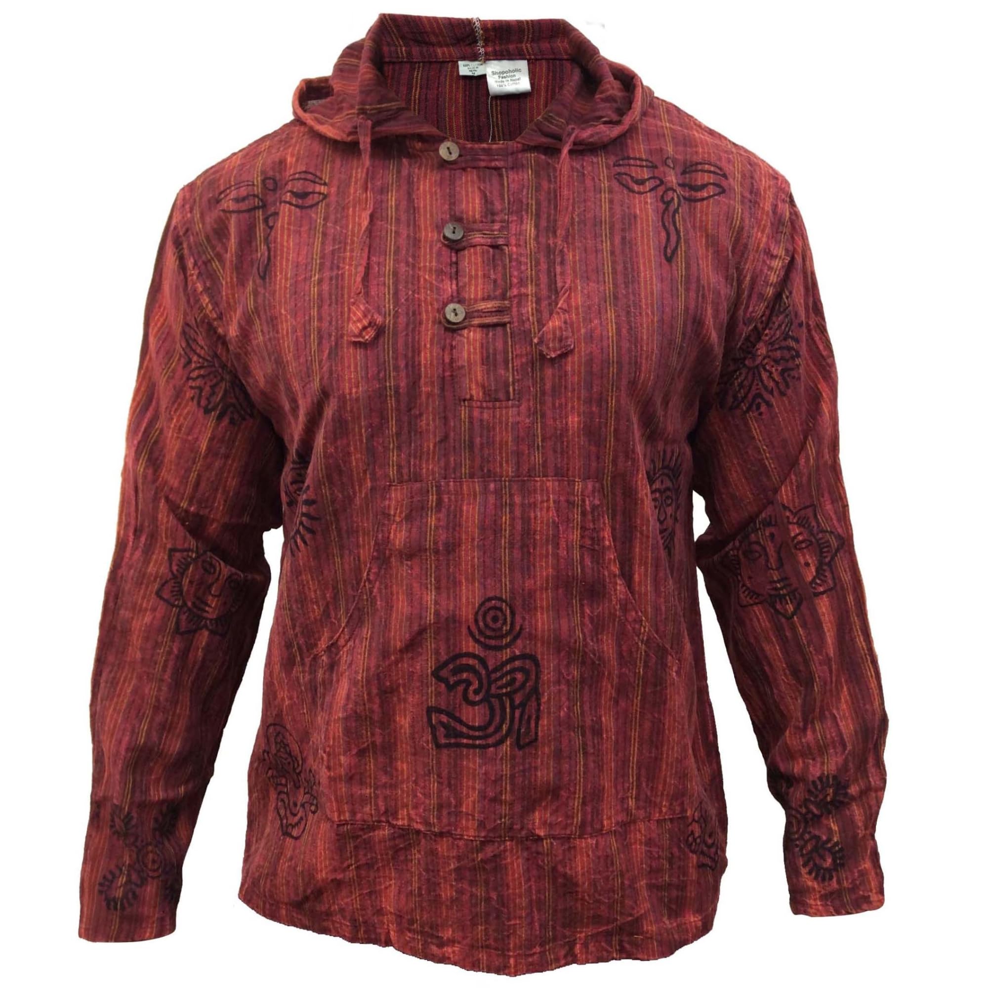 Photo 1 of Shopoholic Fashion Men’s Handmade Stonewashed Boho Hooded Shirt | Wooden Buttons & Front Pocket – Ethical Cotton Festival Shirt (L,Maroon)