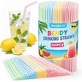 MAQIHAN 200PCS Disposable Plastic Straws - Flexible Bendy Drinking Straws | Long Colorful Striped Straws, Bendable PP Straws for Milk, Juice, Coffee, Lemonade, Parties, Home, Barware &amp; Daily Drinks
