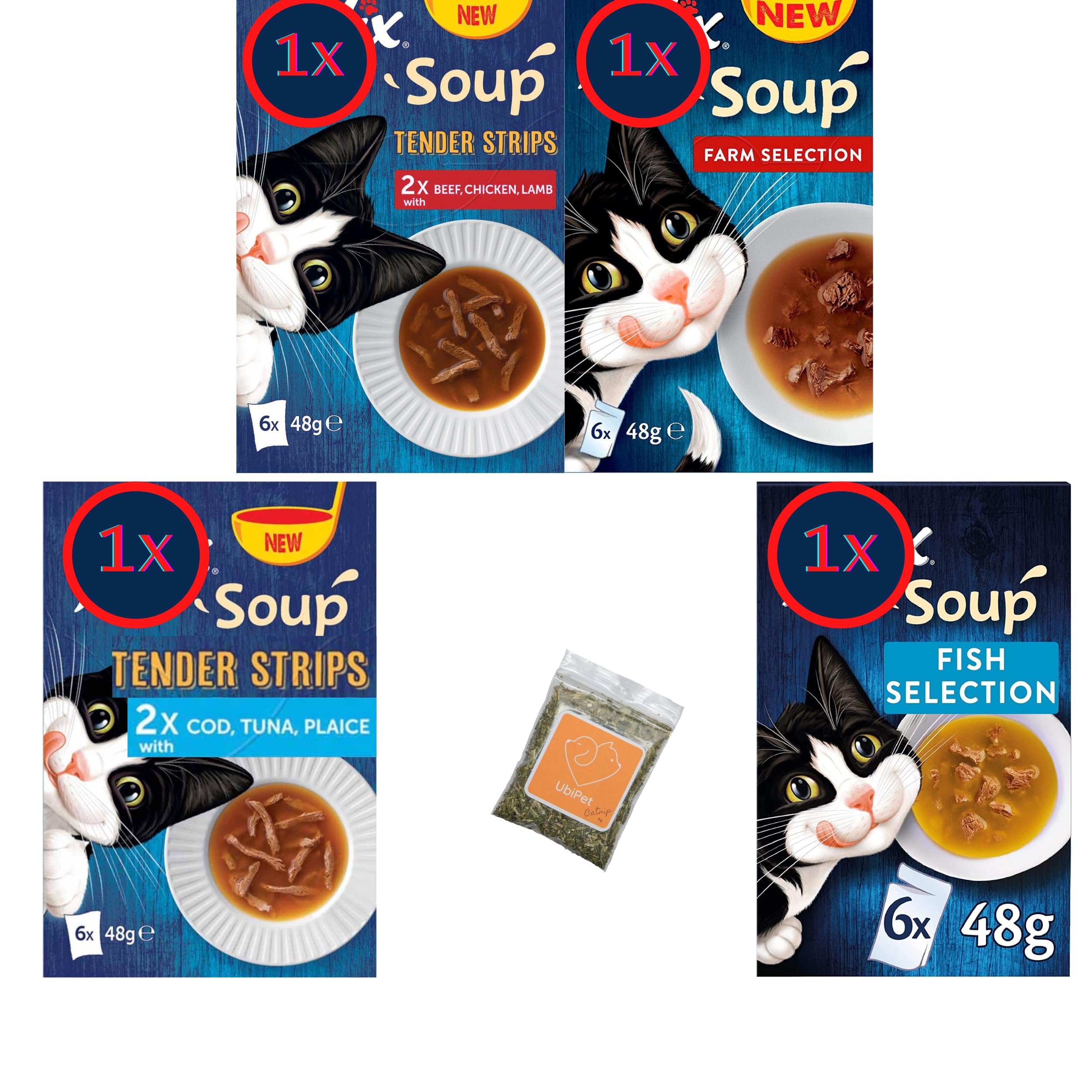 Cat Soup Bundle with Tender Strips and Classic Soup - Farm and Fish Selection (Pack of 4 - Total 24 Servings) plus UbiPet Catnip Sample