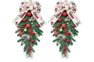 HiiARug 2Pack Artificial Christmas Swags, 24" Teardrop Christmas Decorative Swag with Berries, Pinecones, Winter Pine and Cypress Leaf Swag for Indoor Outdoor Window Wall Fireplace Holiday Xmas Decor