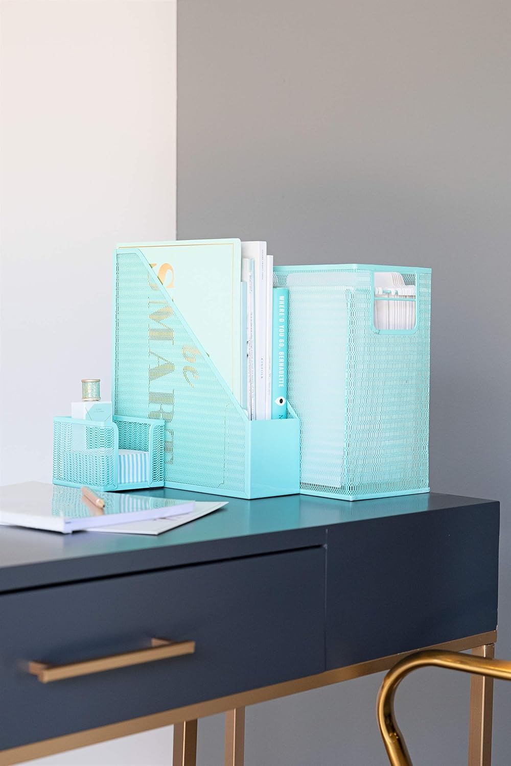 Blu Monaco 5 Piece Cute Office Supplies Aqua Desk Organizer Set - with Desktop Hanging File Organizer, Magazine Holder, Pen Cup, Sticky Note Holder, Letter sorter - Aqua Desk Accessories: Home Improvement