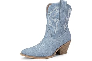 DREAM PAIRS Women's Cowboy Ankle Boots Western Fashion Cowgirl Mild Calf Boots Low Chunky Block Heel Pointed Toe Fall Booties Shoes