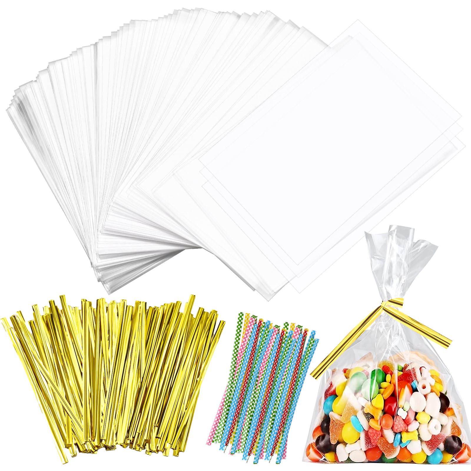 Tigvio Pack of 200 Cellophane Bags 12 x 8 cm Small Bags for Sweets Cellophane Bags Small Clear Bags for Filling Plastic Bags Small with Metal Ribbons as Gift Bags Transparent Biscuit Bags