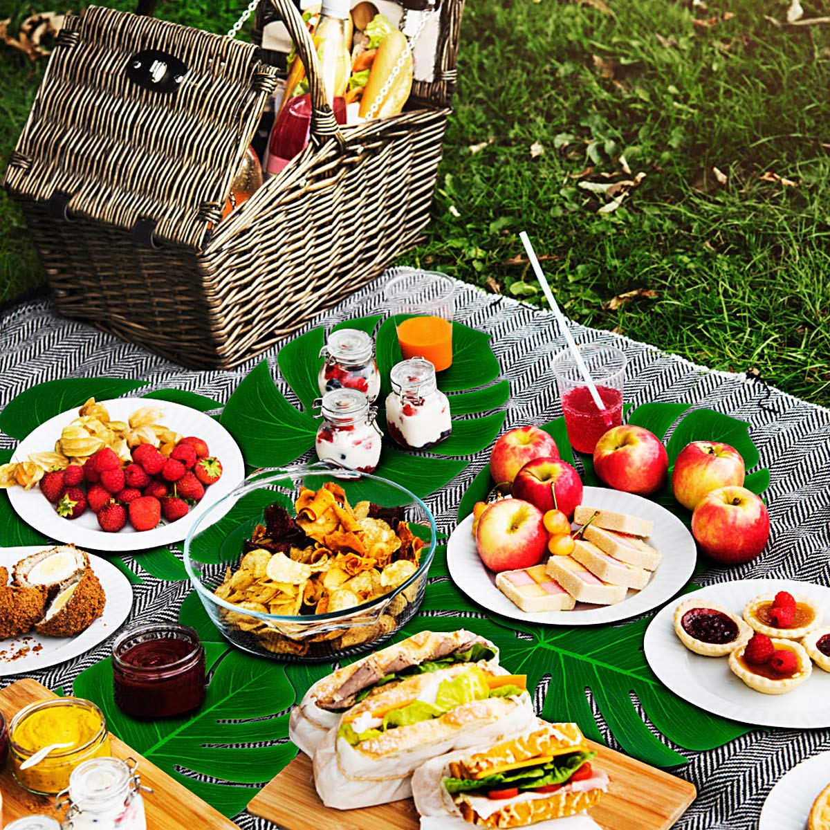 Tropical Palm Tree Leaf Decor - 50PCS Tropical Large Palm Tree Leaves Decorations, Artificial Faux Tree Palm Leaf for Home Hawaiian Luau Safari Jungle Beach Party Decor (Include 60pcs Dots Tapes)