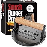 Pisol Smash Burger Press, Cast Iron Steak Weight Meat Patty Press Tool | Rustproof, Pre-Seasoned, Flat Bottom, Wooden Handle, Dishwasher Safe, No Stick, Easy to Clean, 6.6'' Wide, Weighs 2 Pounds
