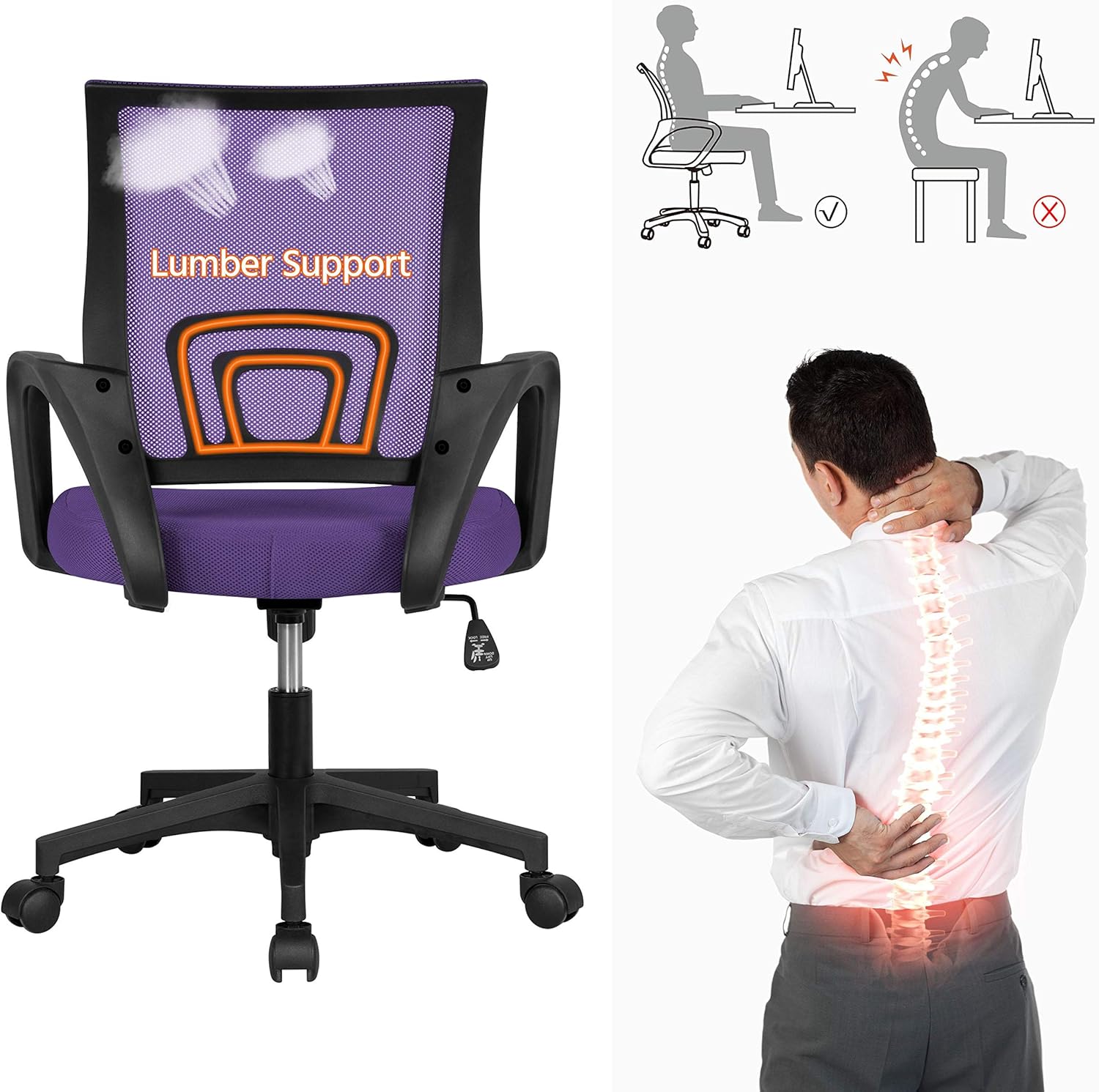 YAHEETECH Ergonomic Mesh Office Desk Chair, Adjustable Executive Chair with Swivel & Lumbar Support for Conference and Home Purple: Furniture & Decor
