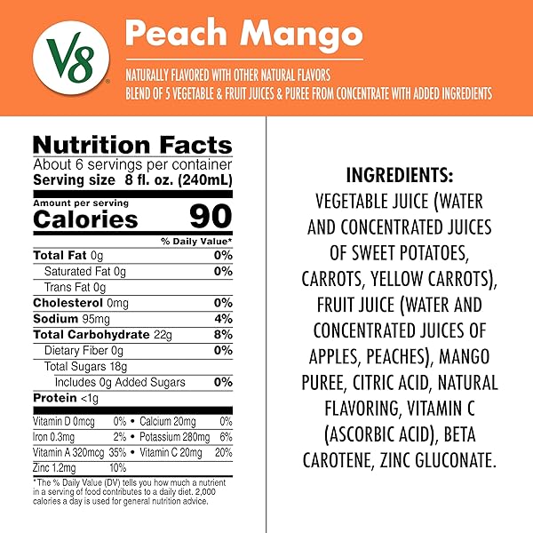 V8 PEACH MANGO 100% FRUIT AND VEGETABLE JUICE, 46 FL OZ BOTTLE